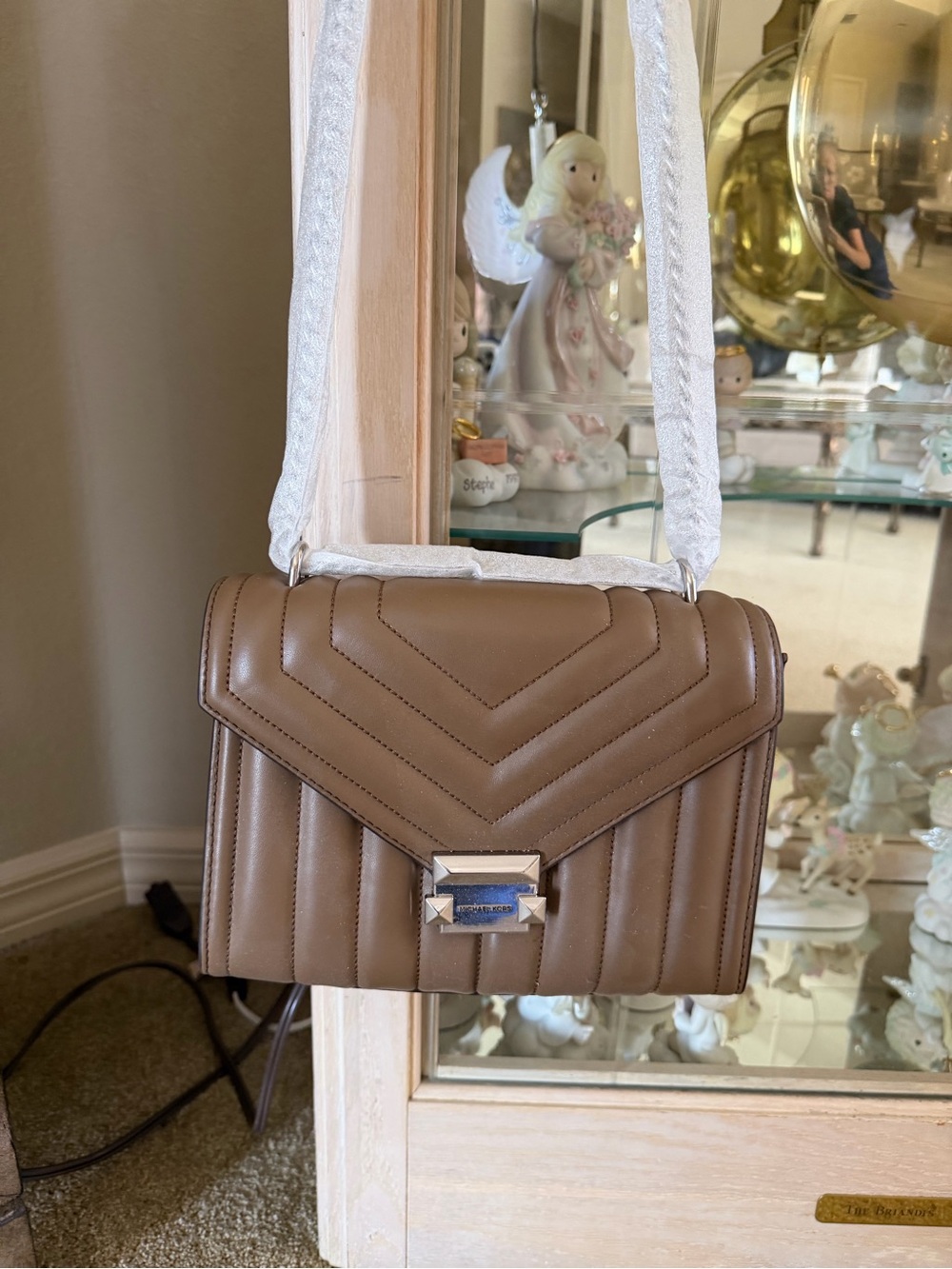 Michael Kors Taupe Quilted Chevron Whitney Crossbody with Silver-Tone Lock